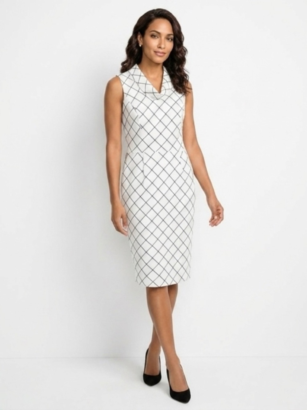 White House Black Market White and Black Grid Cowl Neck Midi Dress